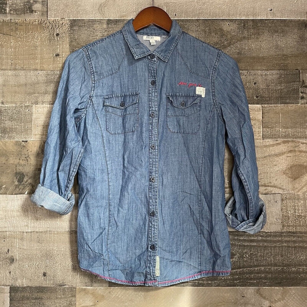 Silver Jeans Co‎ Outdoor Button Front Girls Size L Blue Chambray Denim Roll Tab